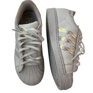 Adidas Superstar Athletic White Sneakers with Iridescent Stripes Youth Size 3